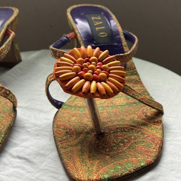 Zalo: Yellow/Orange heeled, paisley sandals- sunburst on top of sandals- 6 - Picture 13 of 16